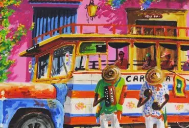 Painting of a bus with people on it, surrounded by a building with windows, railings, doors, and a lamp